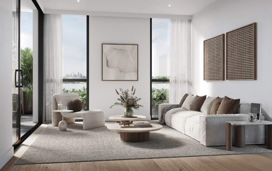 Bayou apartment living room opening to a private balcony
