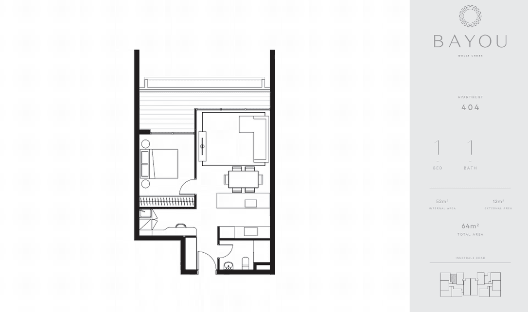 One Bedroom floorplan, apartment 404